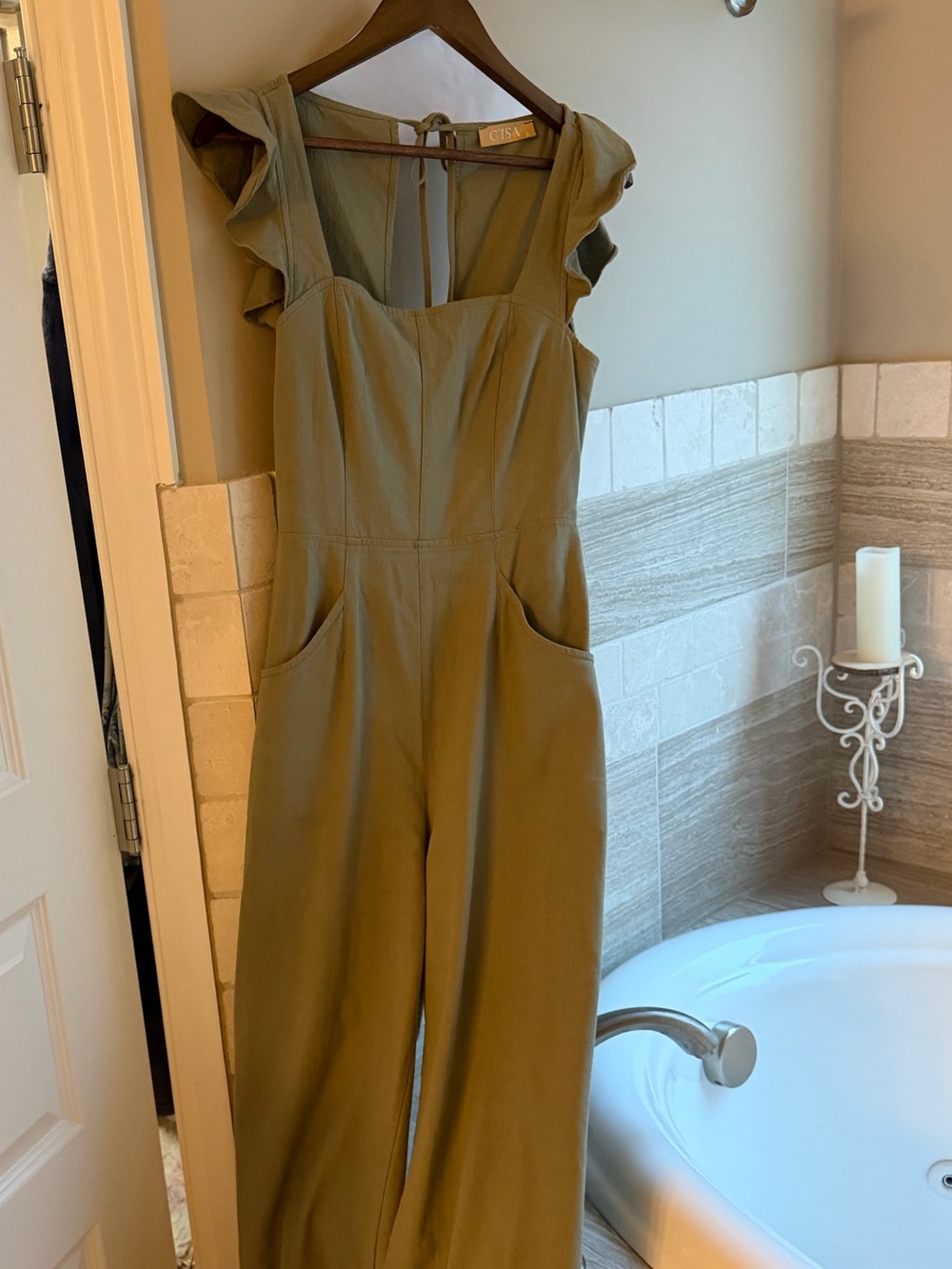 Olive Green Ruffle-Sleeve Jumpsuit